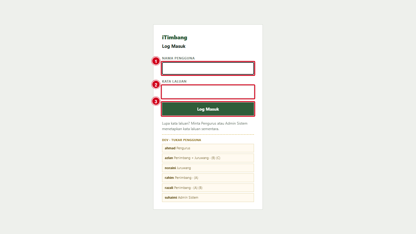 Skrin Log Masuk dengan medan Nama pengguna, Kata laluan dan butang Log Masuk