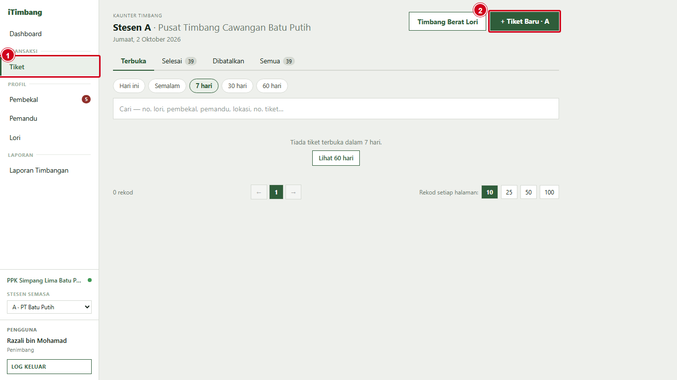 Skrin Tiket dengan tab Terbuka, Selesai, Dibatalkan, Semua dan butang Tiket Baru