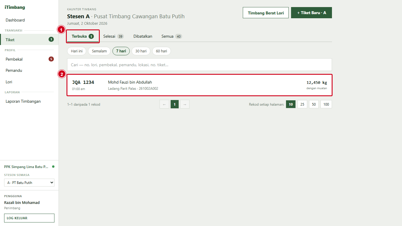 Tab Terbuka menunjukkan tiket JQA 1234 dengan berat dengan muatan