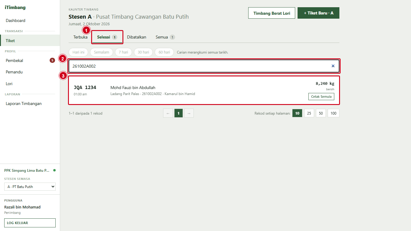 Tab Selesai dengan carian nombor tiket