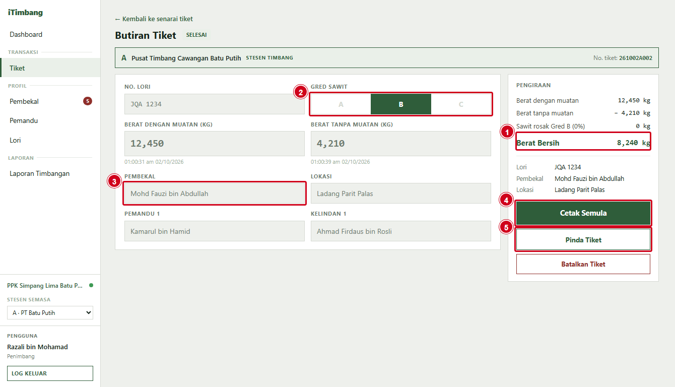 Butiran Tiket yang telah selesai dengan butang Cetak Semula, Pinda Tiket dan Batalkan Tiket