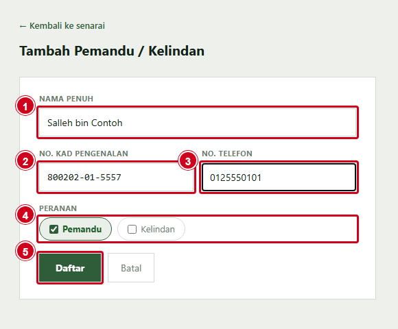 Borang Tambah Pemandu / Kelindan