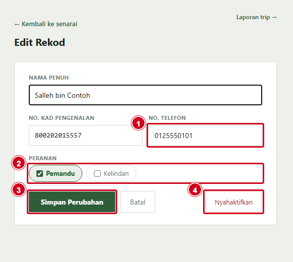 Skrin Edit Rekod dengan butang Simpan Perubahan dan Nyahaktifkan