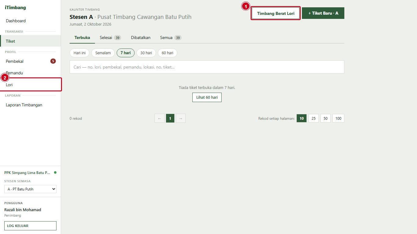 Skrin Tiket dengan butang Timbang Berat Lori dan menu Lori