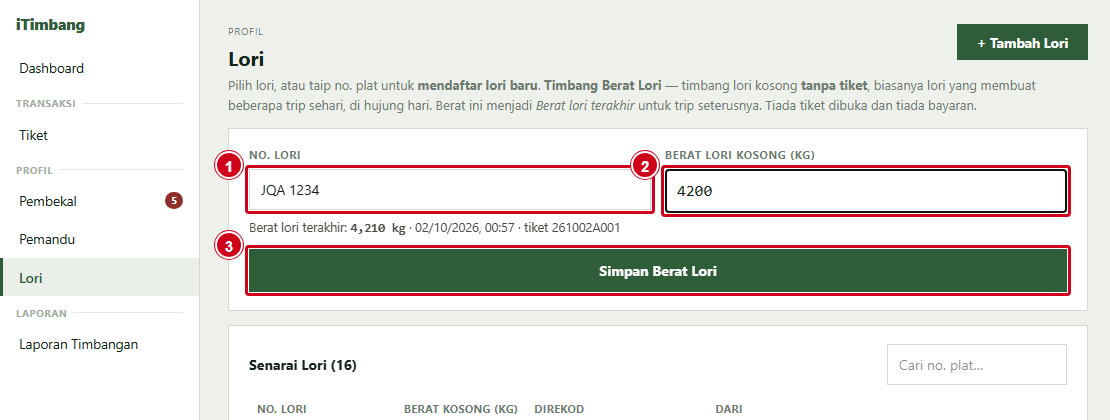 Bahagian Timbang Berat Lori dengan No. Lori dan Berat lori kosong