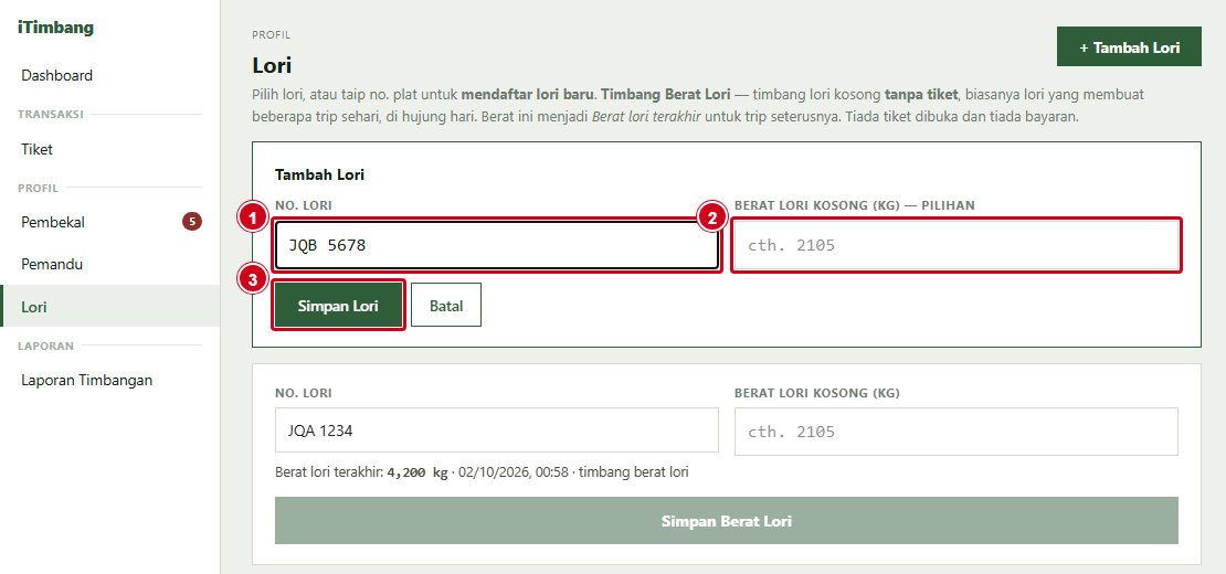 Borang Tambah Lori