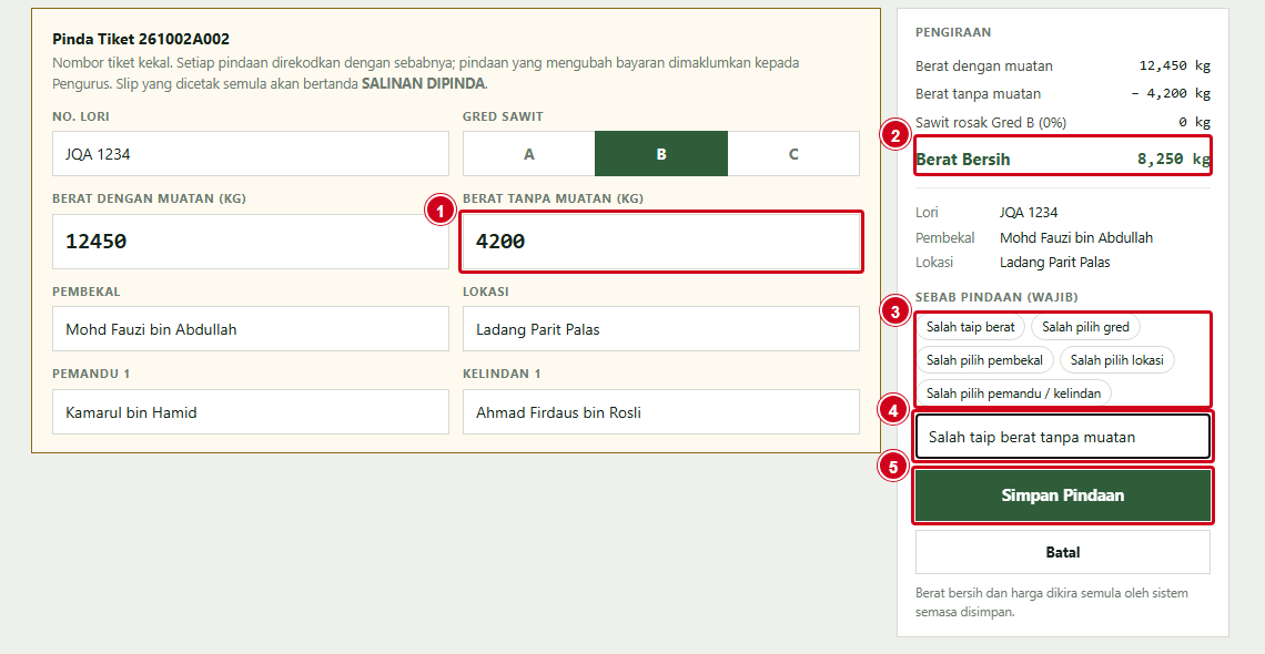Borang Pinda Tiket dengan berat tanpa muatan dibetulkan dan sebab pindaan